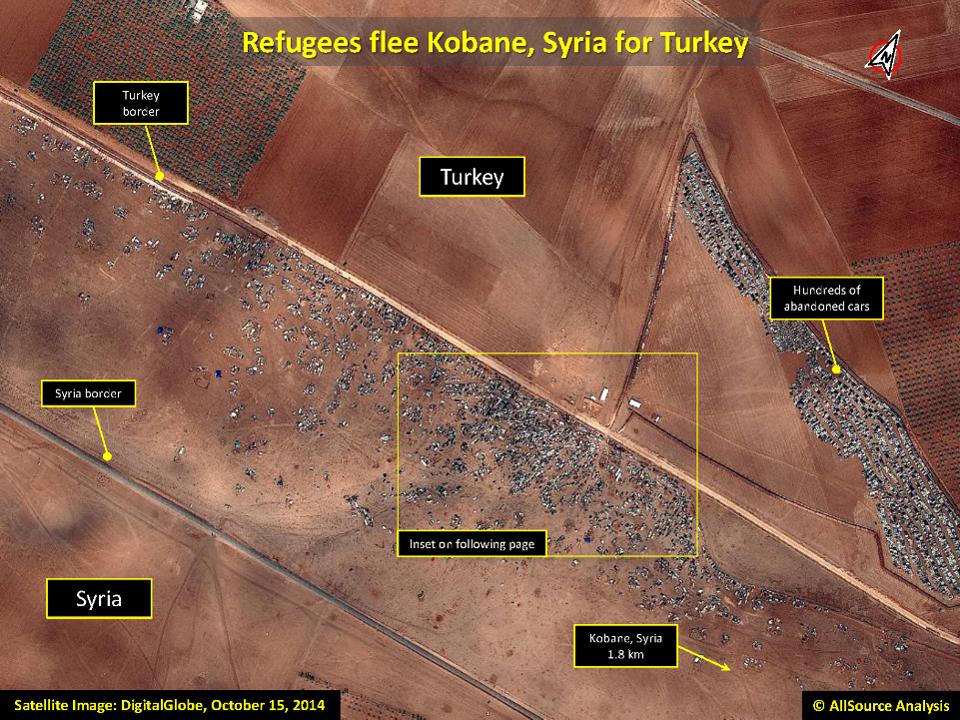 KOBANE, SYRIA AND SYRIA TURKEY BORDER REGION - OCTOBER 15, 2014: Satellite data shows abandoned cars as refugees flee from Syria. Satellites have the ability to map out the flow of refugees, and can be used for humanitarian purposes. (Photo GETTY)