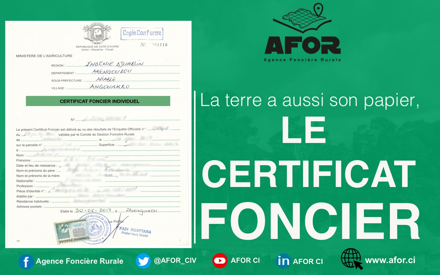 Publicité pour la certification foncière en Côte d’Ivoire (AFOR)