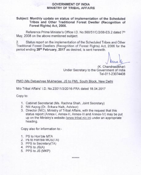 Status report on implementation of the Scheduled Tribes and Other Traditional Forest Dwellers (Recognition of Forest Rights) Act, 2006 [for the period ending 28.02.2017]