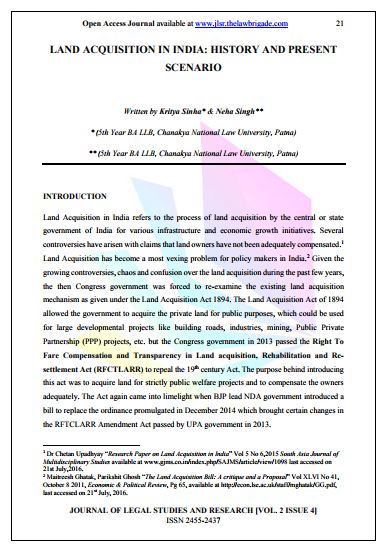 Land Acquisition in India: History and Present Scenario