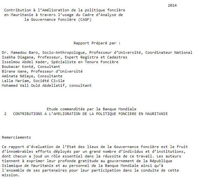 Contribution à l’Amélioration de la politique foncière  en Mauritanie à travers l’usage du Cadre d’Analyse de la Gouvernance Foncière (CAGF)