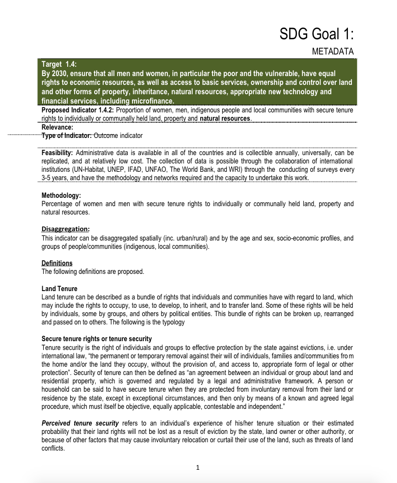 Global Land Indicator Initiative Metadata - SDG indicator 1.4.2. cover image