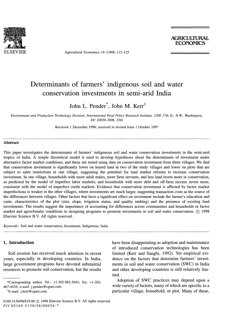 Determinants of farmers' indigenous soil and water conservation investments in India's semi-arid tropics cover image