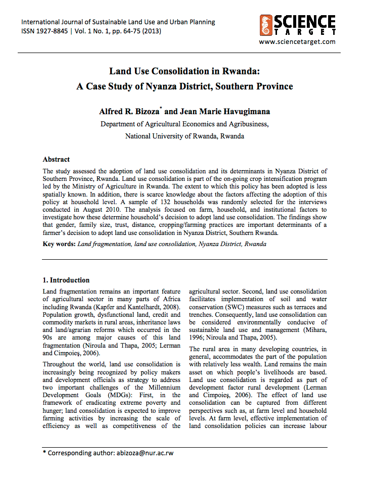 Land Use Consolidation in Rwanda:A Case Study of Nyanza District, Southern Province cover image