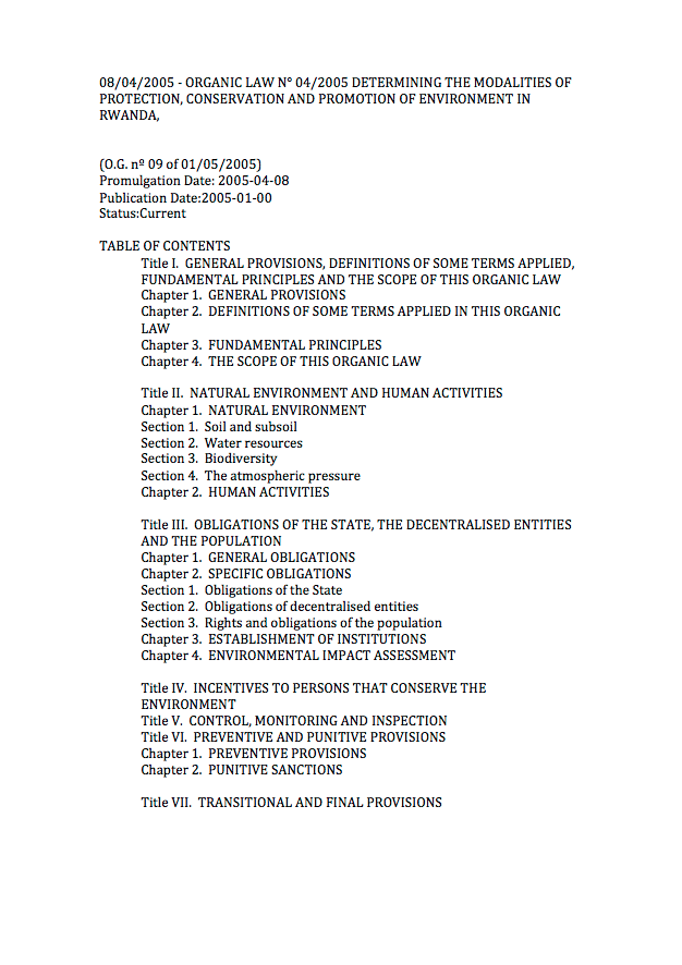 Law N° 4/2005 of 8th April 2005 Determining the Modalities of Protection, Conservation and Promotion of Environment in Rwanda cover image