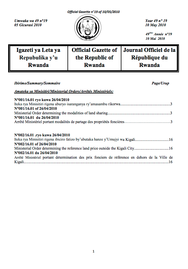 Ministerial Order N° 001/16.01 of 26/04/2010 Determining the Modalities of Land Sharing. cover image