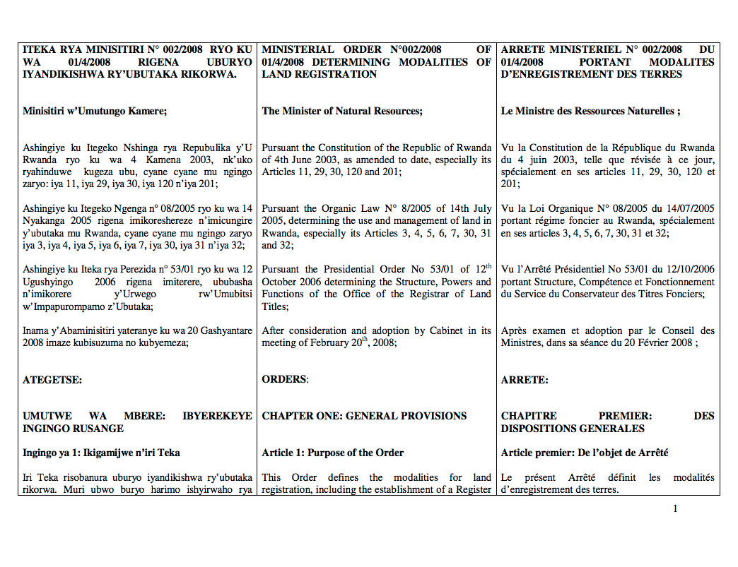 Ministerial Order N° 002/2008 of 01/4/2008 Determining Modalities of Land Registration. cover image