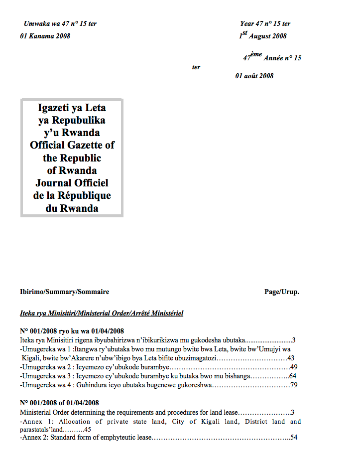 Ministerial Order N° 001/2008 of 01/04/2008 Determining the Requirements and Procedures for Land Lease. cover image