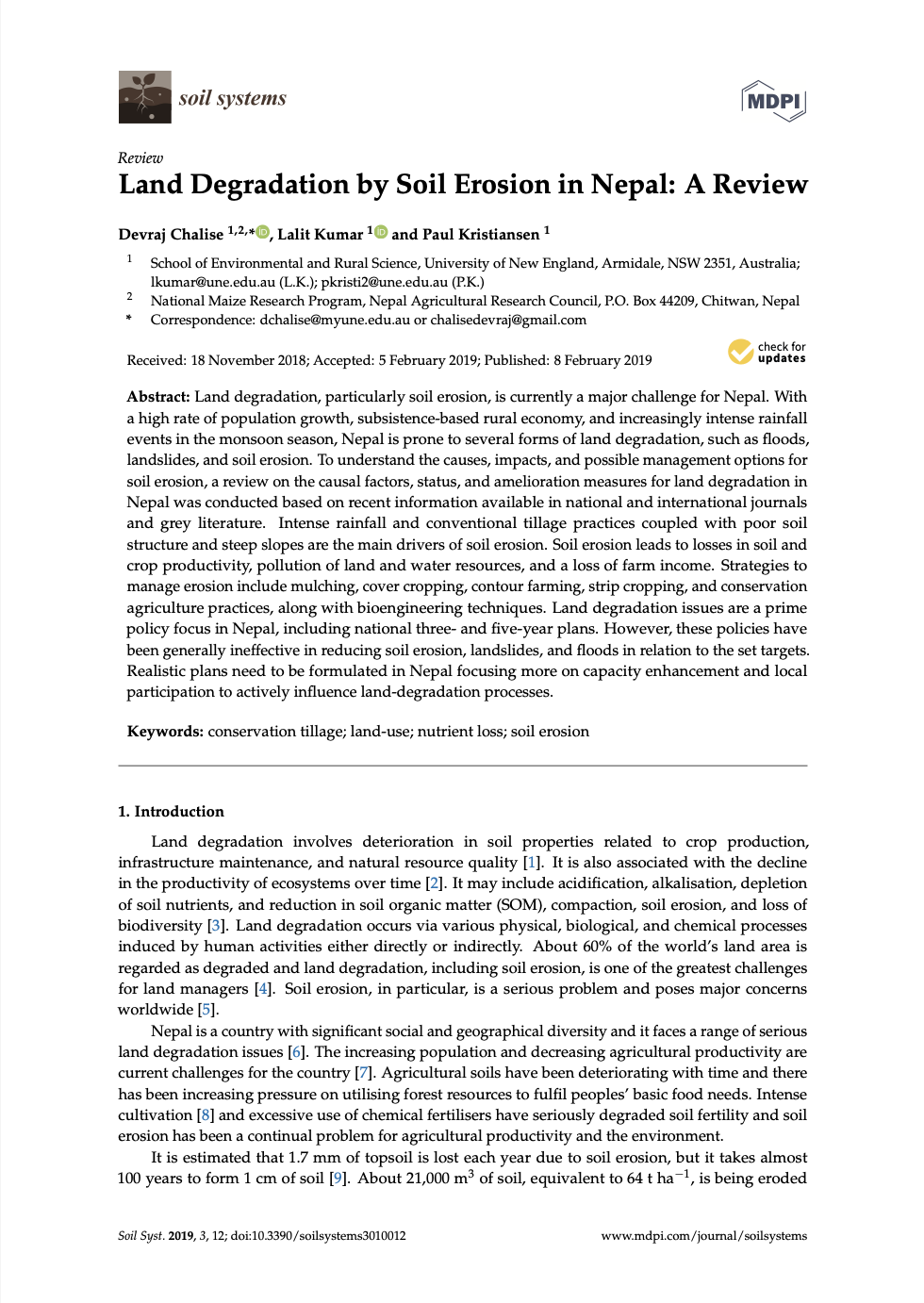 Land Degradation by Soil Erosion in Nepal: A Review