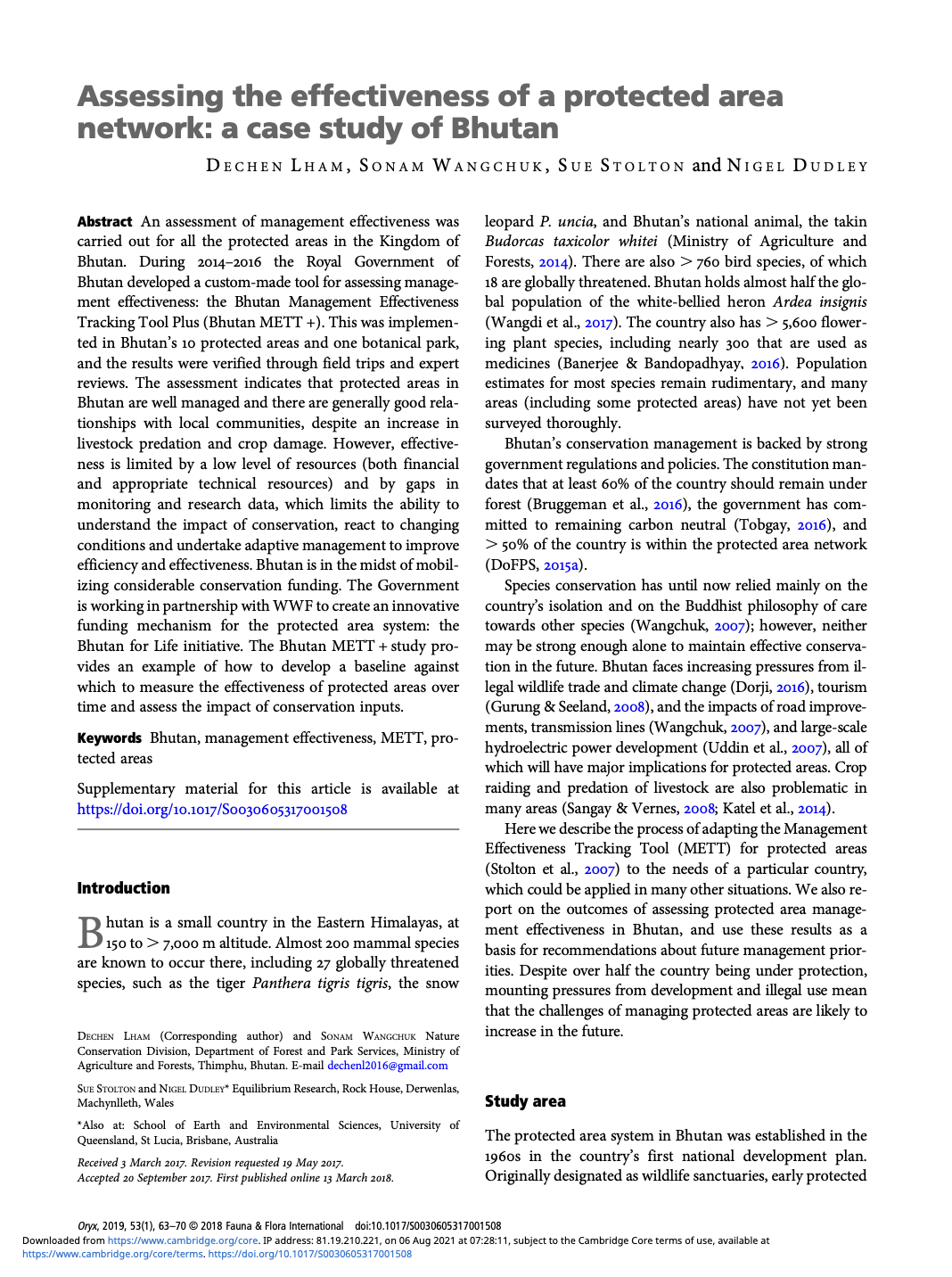 Assessing the effectiveness of a protected area network: a case study of Bhutan