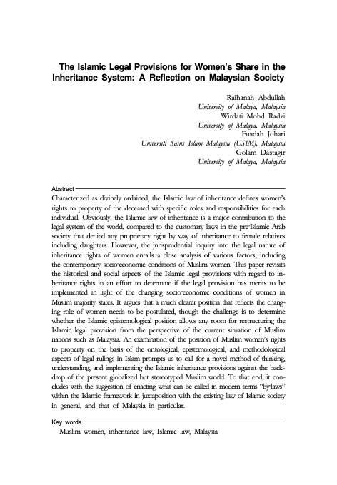 The Islamic Legal Provisions for Women’s Share in the Inheritance System: A Reflection on Malaysian Society