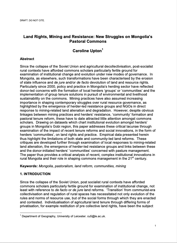 Land Rights, Mining and Resistance: New Struggles on Mongolia’s Pastoral Commons