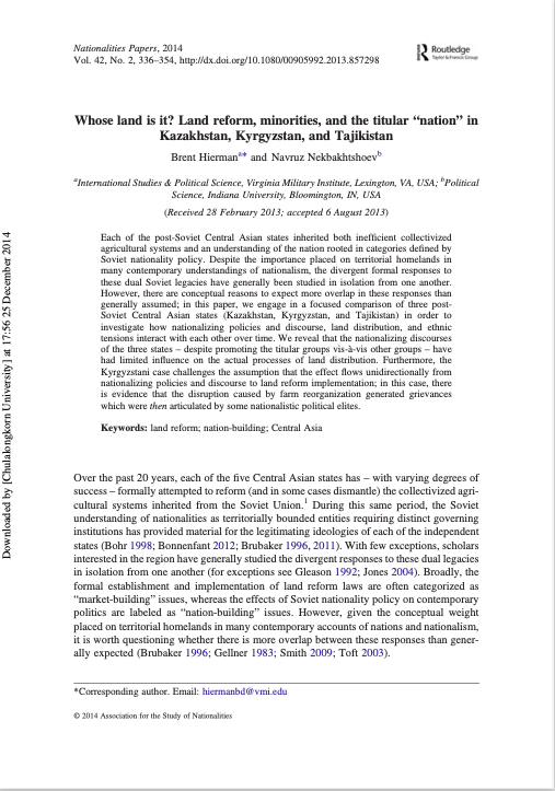 Whose land is it? Land reform, minorities, and the titular “nation” in Kazakhstan, Kyrgyzstan, and Tajikistan