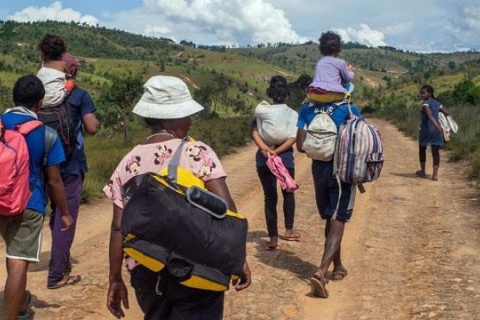 A group of adults in the hilly highlands of Madagascar, walking from the capital Antananarivo to their rural villages with luggage and children in tow. (Credit: Rijasolo / AFP)